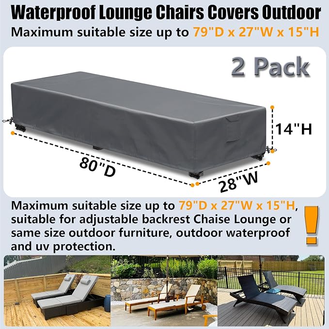 Waterproof Patio Lounge Chair Cover 2 Pack Outdoor Chaise Lounge Covers 600D - Image 2