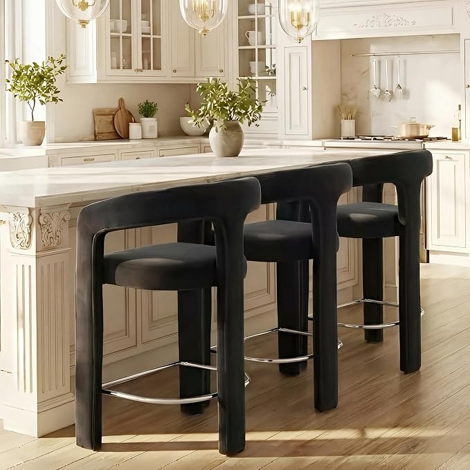 HNY 26 Inch Modern Tall Barrel Bar Stools Set of 3, Velvet Upholstered Barstools - Image 7