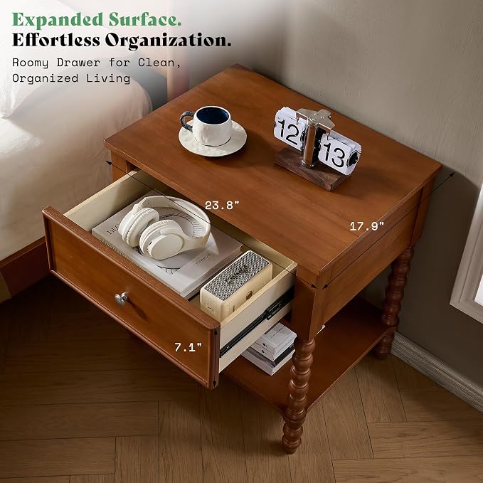 AMERLIFE 24" Wooden Nightstand Set of 2, Vintage Bedside Table - Image 6