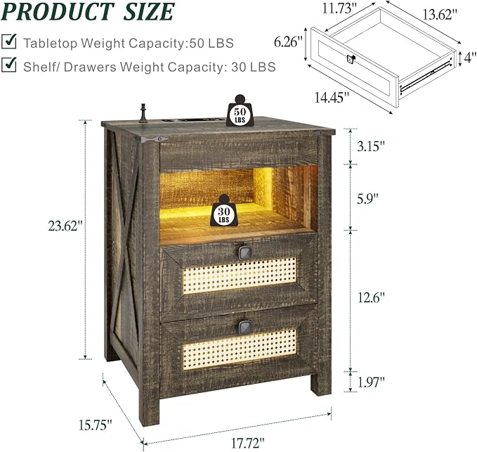 Farmhouse Night Stand with Gun Drawer, Bedside Table with Charger Station - Image 2