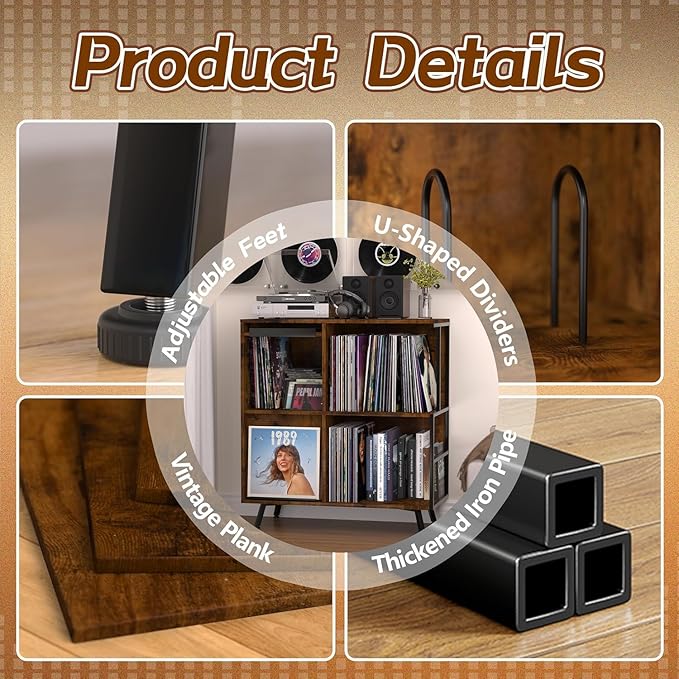 Faesun 3 Tier Flip Top Record Player Stand, Vinyl Record Storage Holds up to - Image 6
