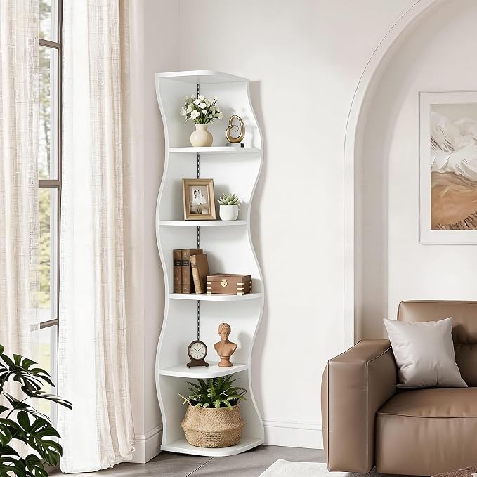VECELO 6-Tier Compact Wave Corner Bookcase - Image 5