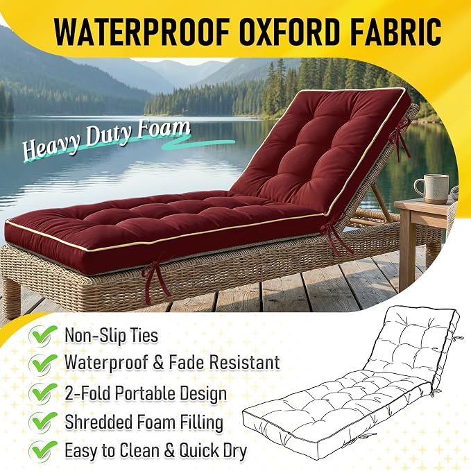 2 Pack 80x26 Inch Folding Chaise Lounge Cushion Quick Dry - Image 3