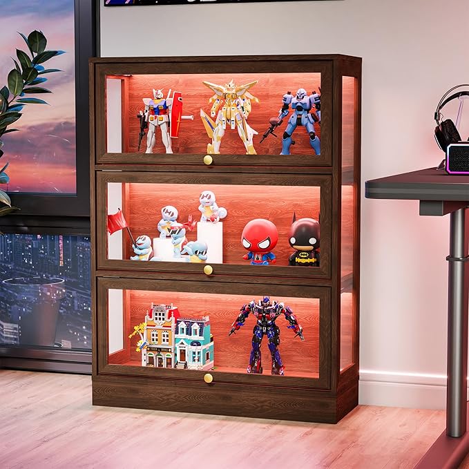 Display Cabinet with Acrylic Glass Doors, 3-Tiers Curio Cabinet with LED by BONITURE