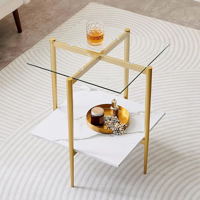 LumFurn Square Glass End Table, Mid-Century Modern Design Sofa Table, by LumFurn