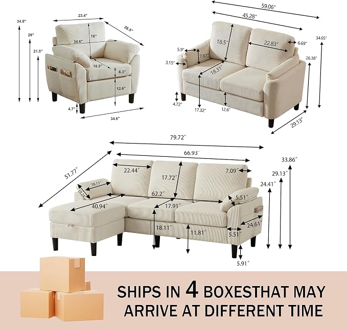 4 Piece Modern Corduroy Sofa Set, L-Shaped Sectional Couch - Image 2
