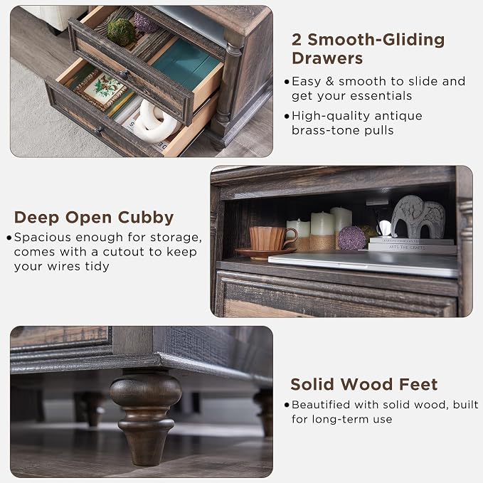 T4TREAM 24'' Farmhouse End Table w/4 Solid Wood Feet, Large 2 Drawers Wide Sofa - Image 4