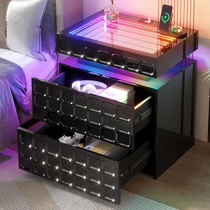 Night Stand with Charging Station and Smart RGB Lights, LED Nightstand with by VlsrkaFurniture