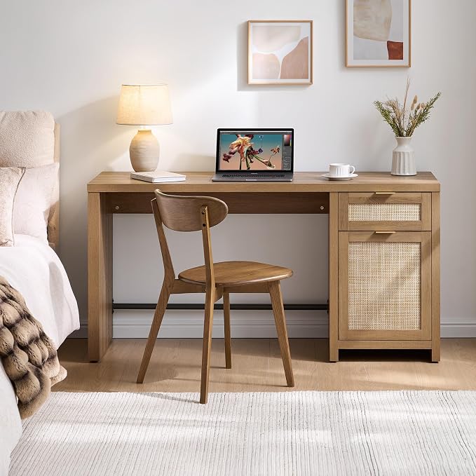 SICOTAS Rattan Home Office Desk, 2 Pieces Farmhouse Boho Executive Desk - Image 7