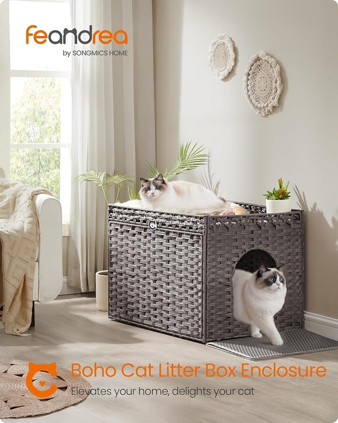 Feandrea Cat Litter Box Enclosure, Handwoven Rattan Hidden Litter Box Furniture - Image 2