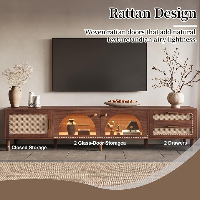 Merax Rattan TV Stand with LED Lights, Solid Wood Feet, Living Room, Bedroom - Image 4