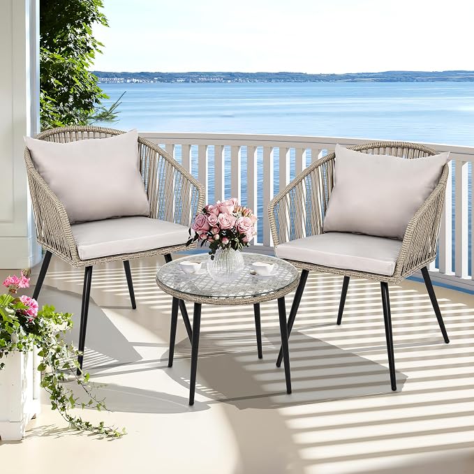 YITAHOME 3-Piece Wicker Small Patio Balcony Chair Set, Outdoor Rattan by YITAHOME