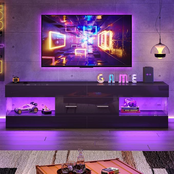 Bestier Black TV Stand for 55/60/65 Inch TV, High Gloss Modern TV Stand - Image 3