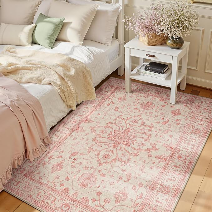 RELEANY Area Rugs 3'x5' Washable Non-Slip, Floral Vintage Distress Print by RELEANY