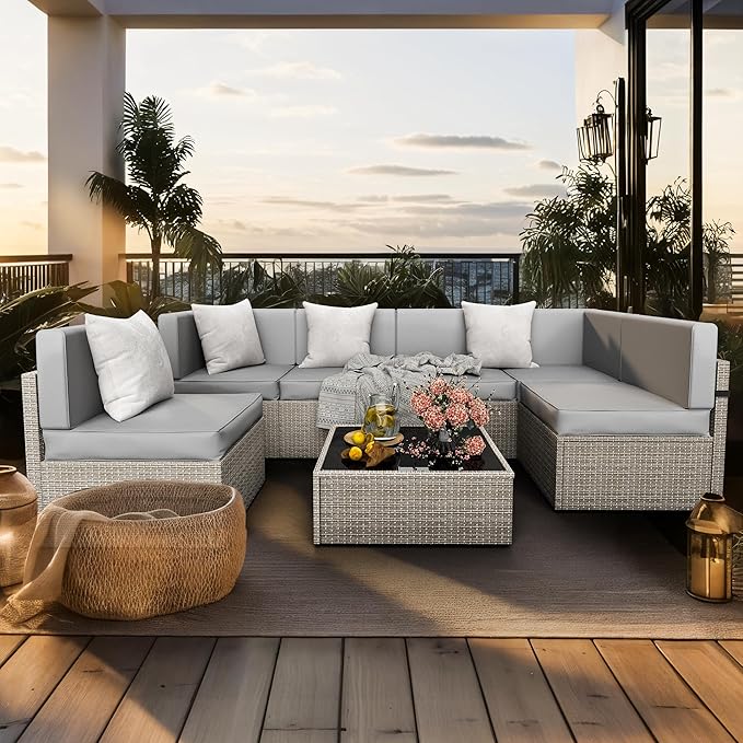 Pamapic 7 Piece Outdoor Sectional Furniture Set, All-Weather Wicker Patio - Image 3