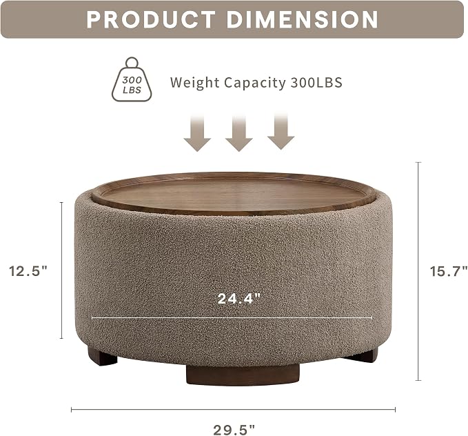 29.5 Inch Round Storage Ottoman Coffee Table, Modern Circle Coffee Table - Image 2