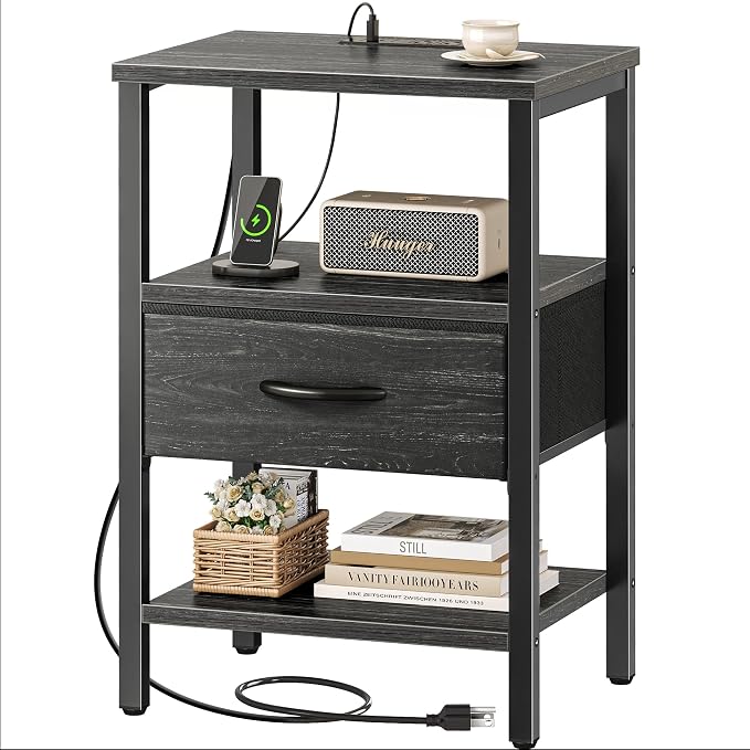 SUPERJARE Nightstand with Charging Station, Bed Side Table with Adjustable by SUPERJARE