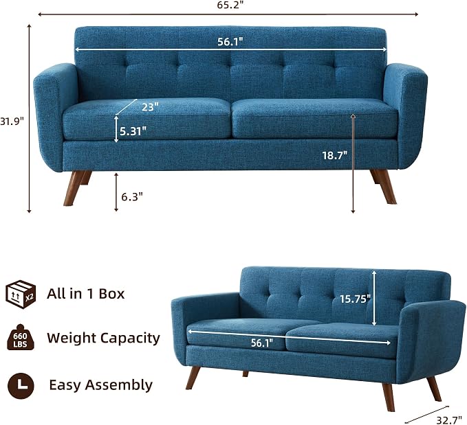 Tbfit 65" W Loveseat Sofa, Mid Century Modern Decor Love Seat Sofas and Couches - Image 2