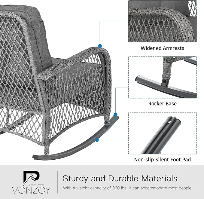 Patio Furniture Set 3 Pieces, Wicker Outdoor Rocking Bistro Set - Image 4