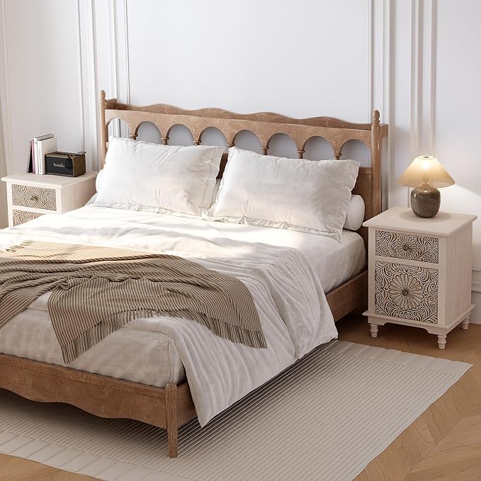 HOMPUS White Nightstand with Drawer & Storage, Fully-Assembled Flower Motif - Image 3