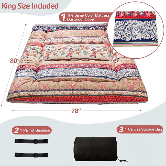 MAXYOYO Bohemian Retro Floor Mattress Vintage Floral Japanese Futon Mattress - Image 2