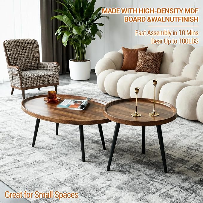 Garvee Nesting Coffee Table Set of 2, 2-Piece Walnut Coffee Tables, Mid Century - Image 4