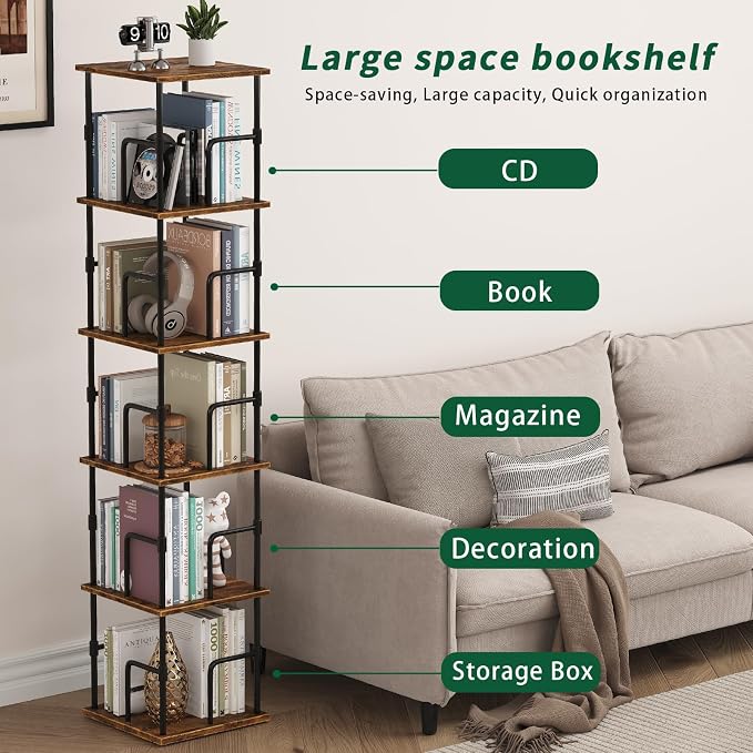 5-Tier Rotating Bookshelf, Freestanding Corner Bookshelf, 360° Spinning - Image 6