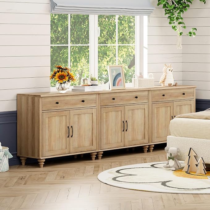WAMAPT Oak Buffet Cabinet with 6 Doors and 3 Drawers, Large Coffee Bar Table - Image 7