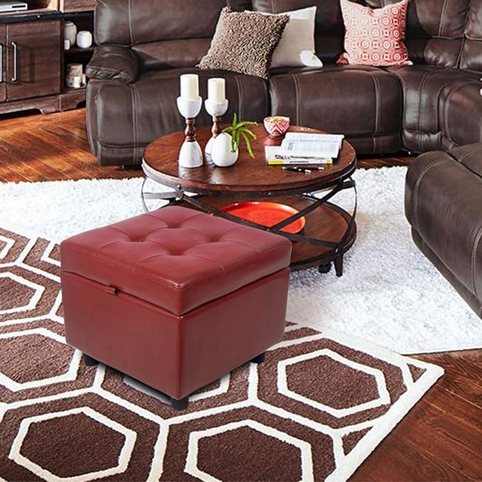 H&B Luxuries Tufted Leather Square Flip Top Storage Ottoman Cube Foot Rest - Image 2