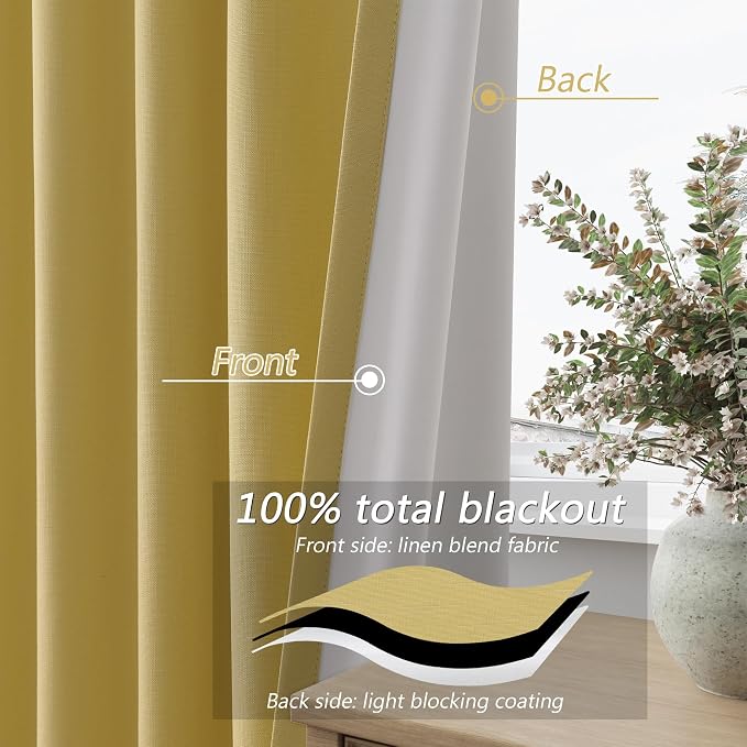 Guken Yellow 100% Blackout Linen Curtains 120 Inch Length 2 Panels Set - Image 3