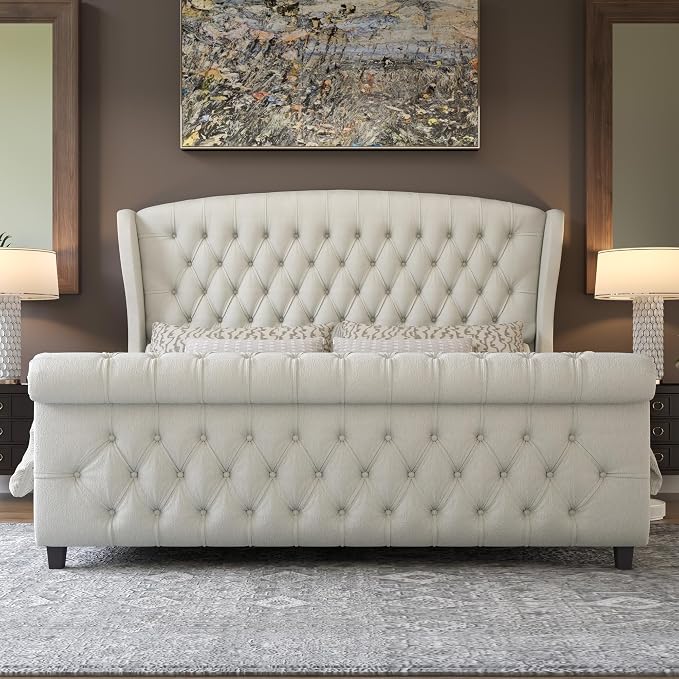 AMERLIFE California King Size Platform Bed Frame, Velvet Upholstered Sleigh Bed - Image 3