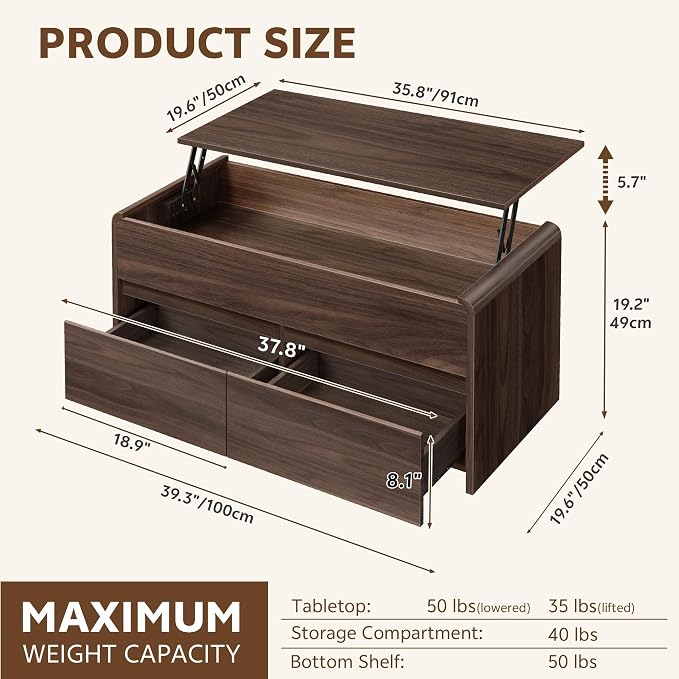Coffee Table Lift Top with 2 Drawers, 40 Inch Multi-Function Coffee Table with - Image 2