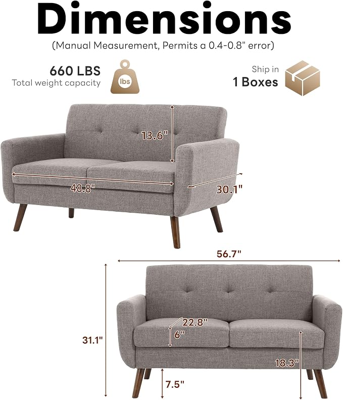 Tbfit 56" W Loveseat Sofa, Mid Century Modern Decor Love Seat Couches - Image 2