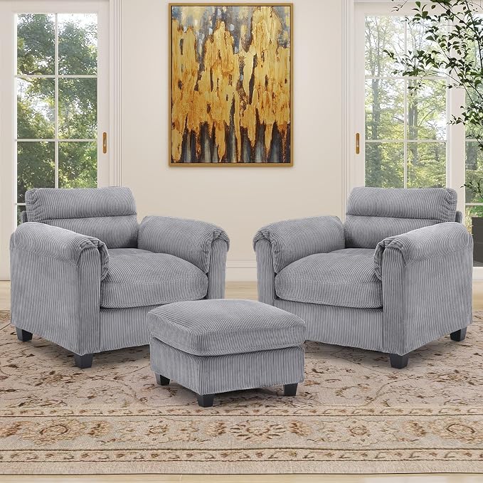 HAOMARKETS Corduroy 3-Piece Sofa Set, Upholstered Ottoman and Accent Chair Sofa by HAOMARKETS