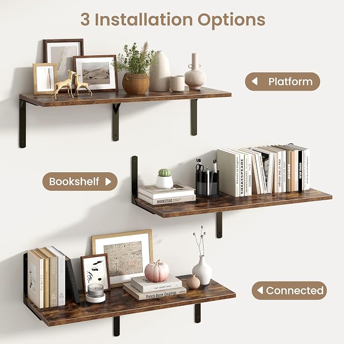 Fun Memories Rustic Brown 12 Inch Deep Floating Shelves Set of 2, Wall Mounted - Image 6