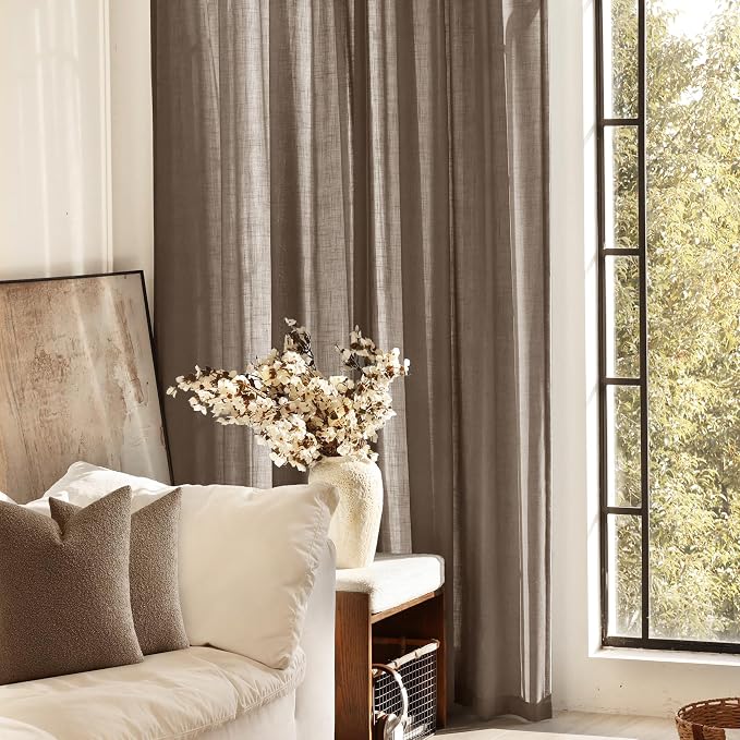 Chocolate Brown Linen Curtain 63 inch Length 2 Panels Set Back Tab Light - Image 5