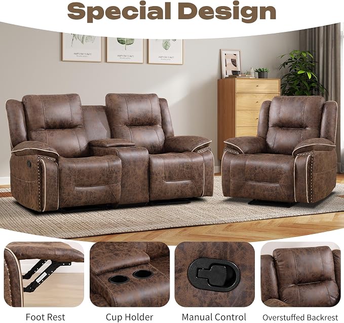 EBELLO Faux Leather Manual Recliner Sofa Set, 1 Seat Reclining Chair and a - Image 3