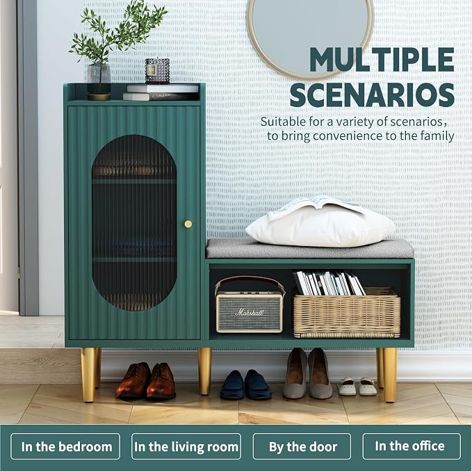 HLR Storage Bench with Glass Door&Shelf, Modern Entryway Shoe Cabinet Bench - Image 4