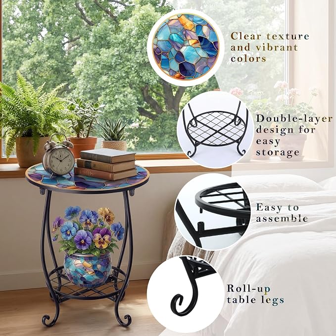 Cinnvoice Outdoor Side Table Round Small Mosaic Patio Accent Indoor End Plant - Image 5