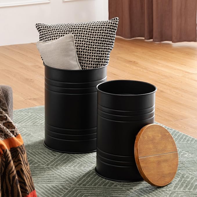 Glitzhome Rustic End Table Set of 2, Farmhouse Galvanized Metal Barrel Ottoman - Image 6