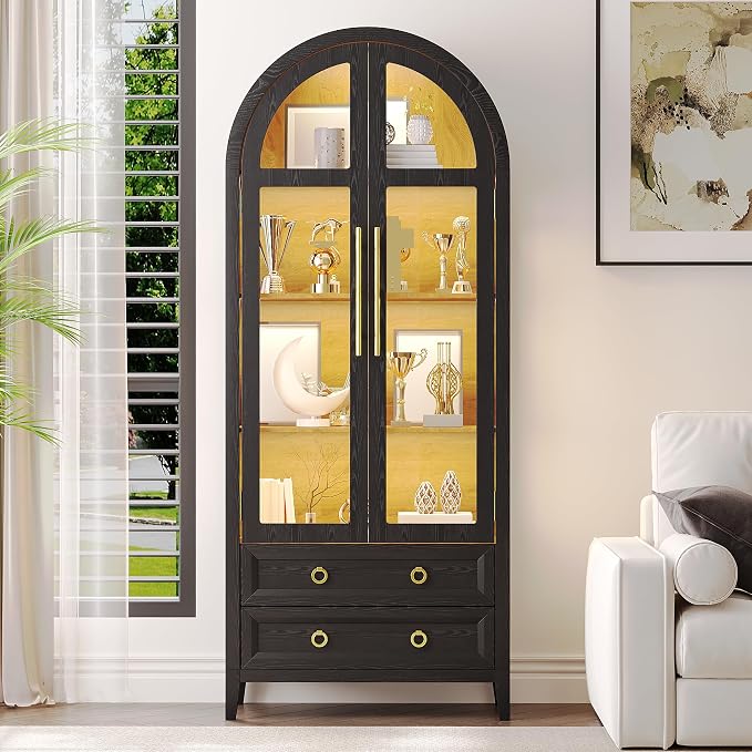 Arched Curio Cabinet with Glass Doors, 4-Tier Display Cabinet with 2 Drawers by Unknown
