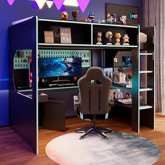 Modern Gaming Loft Bed with Built-in Desk, LED Lighting & Charging Hub –Twin - Image 3