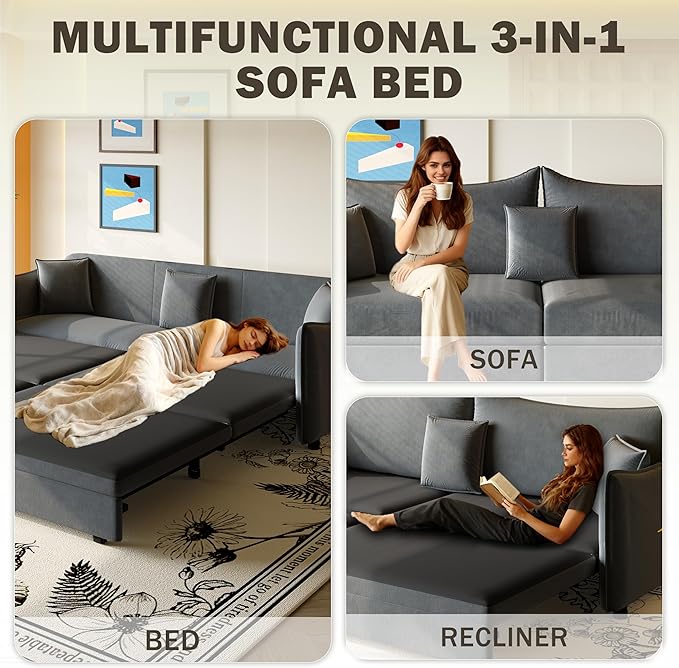 KEIKI 81.9" 3-in-1 Convertible Sofa Bed, Modern Velvet Sleeper Couch - Image 3