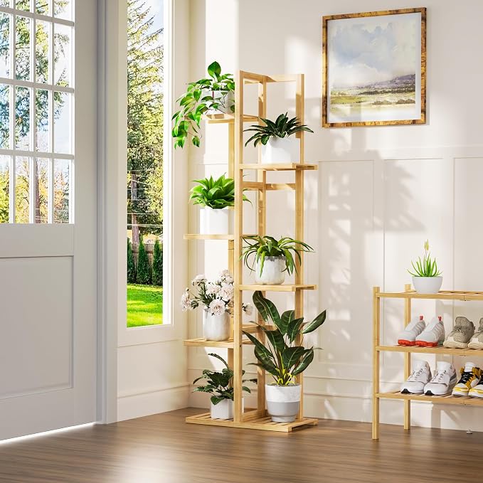 ROMGUAR CRAFT 6 Tier Bamboo Plant Stand Indoor, Wood Tall Flower Holder Corner - Image 2
