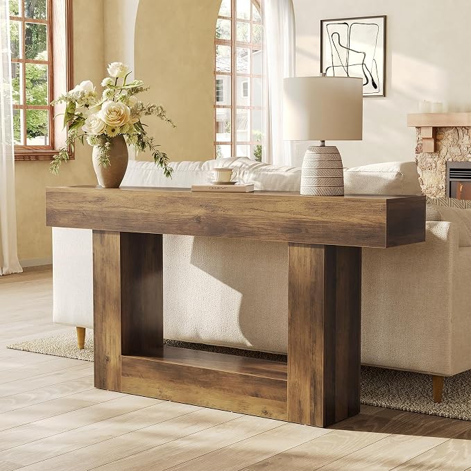 LITTLE TREE 63 Inches Long Console Table, 2-Tier Farmhouse Sofa Table Behind - Image 5