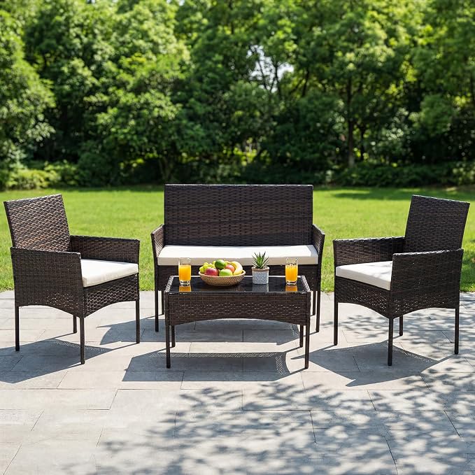 DUMOS 4 Piece Patio Furniture Set, All-Weather Outdoor Wicker Conversation Set - Image 2