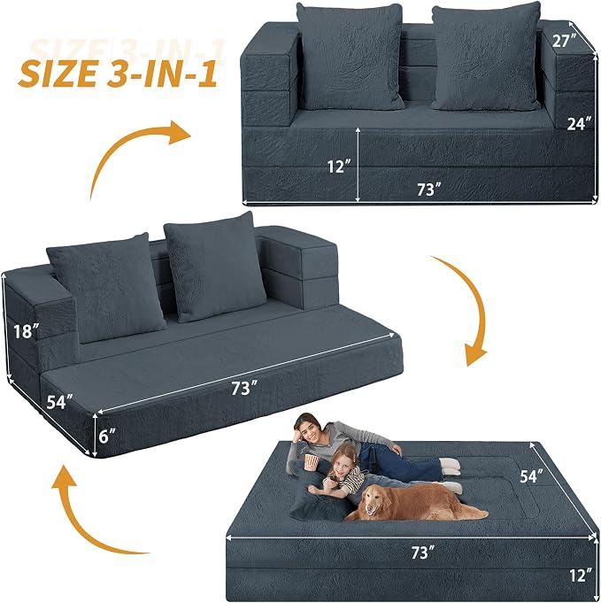 Folding Bean Bag Chair for Adults, 3-in-1 Bean Bag Couch Faux Fur Floor Sofa - Image 3