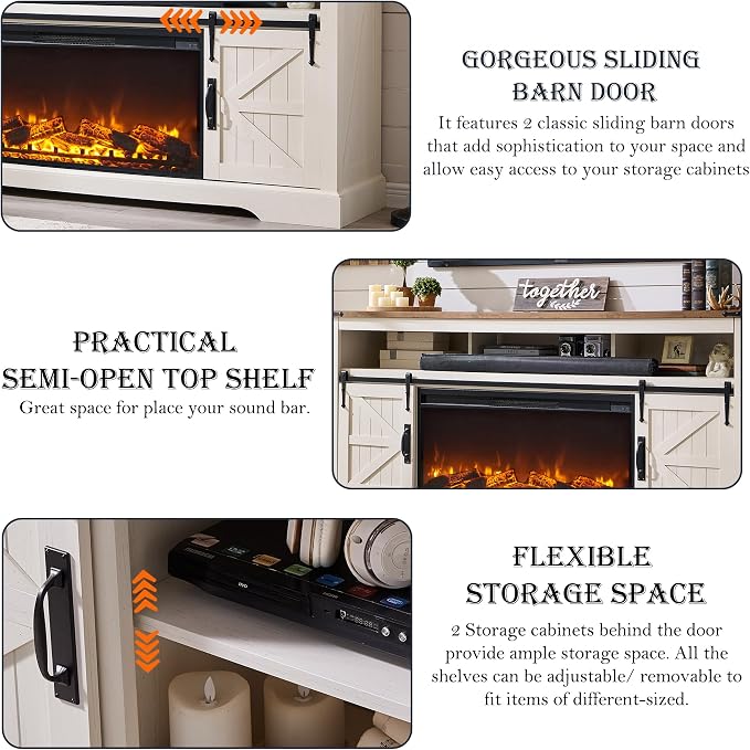 OKD Fireplace TV Stand for 80 Inch TV, Rustic Media Console w/Sliding Barn Door - Image 5