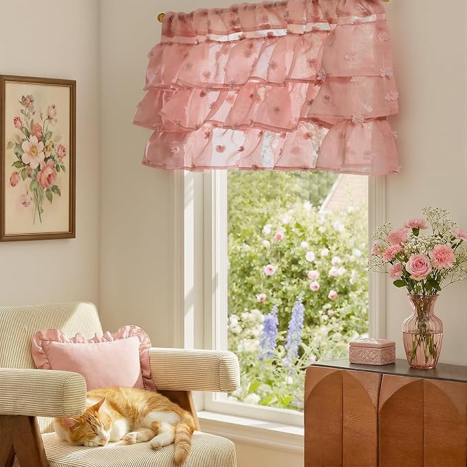 jinchan Ruffled Kitchen Valance Pom-Pom Voile Valance Curtains Sheer Shabby - Image 3