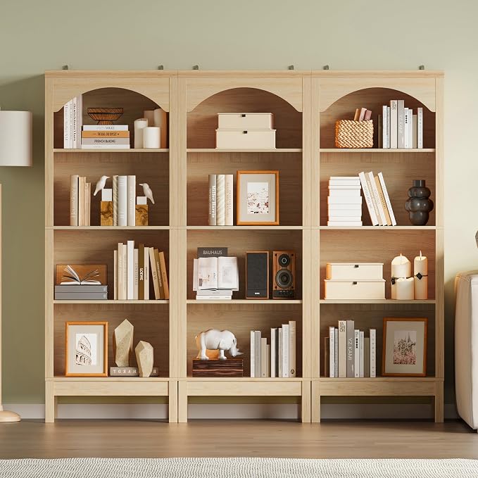 Arched Bookshelf with 4 Tier Open Shelves, Study and Living Room, Natural Oak - Image 4